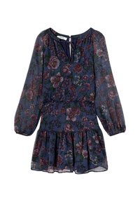 Robe fleurie bleu à manches longues avec taille froncée, décolleté en forme de clé et ourlet à volants.