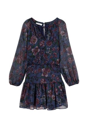 Robe fleurie bleu à manches longues avec taille froncée, décolleté en forme de clé et ourlet à volants.