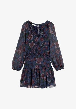 Robe fleurie bleu à manches longues avec taille froncée, décolleté en forme de clé et ourlet à volants.