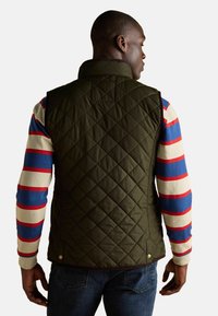 Olivgrüne gesteppte Weste mit hohem Kragen, ausgestattet mit einem Rautenmuster und Druckknopfverschluss; getragen über einem langärmeligen, mehrfarbig gestreiften Shirt.