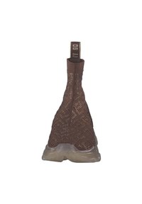 Bruine gebreide high-top sneakers met een textuurpatroon, een doorzichtige zool en een trekhaak aan de achterkant voor gemakkelijke instap.
