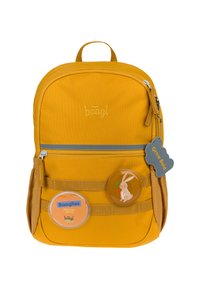 Zaino in tessuto giallo con forma arrotondata, scomparti con zip e due distintivi che raffigurano un coniglio e un'area personalizzabile per un'immagine.