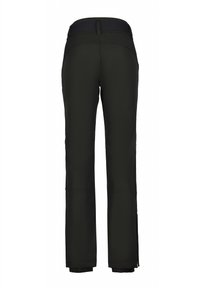 Schwarze Softshell-Hose mit geradem Schnitt, ausgestattet mit einem breiten Bund und Reißverschlussöffnungen an den Knöcheln für eine verstellbare Passform.