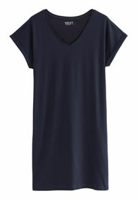 Námořnické modré bavlněné šaty ve tvaru trička s výstřihem do V, krátkými ohrnutými rukávy a rovnoměrným střihem, s jemnou texturou a minimalistickým designem.