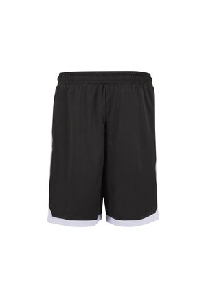 Čierne športové šortky s elastickým pásom a bielym lemovaním na spodných okrajoch, zobrazené na bielom pozadí.