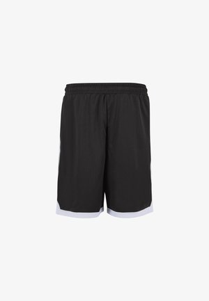 Crne sportske kratke hlače s elastičnim pojasom i bijelim obrubom na donjim rubovima, prikazane na bijeloj pozadini.