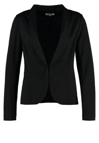 Blazer negro con textura suave, solapas muestradas y dos bolsillos frontales. Presenta un ajuste entallado y mangas largas.