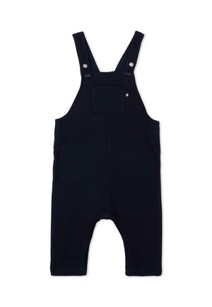 Salopette nera per neonati con spalline regolabili, tasca frontale sul petto e aperture per le gambe, mostrata su sfondo bianco.