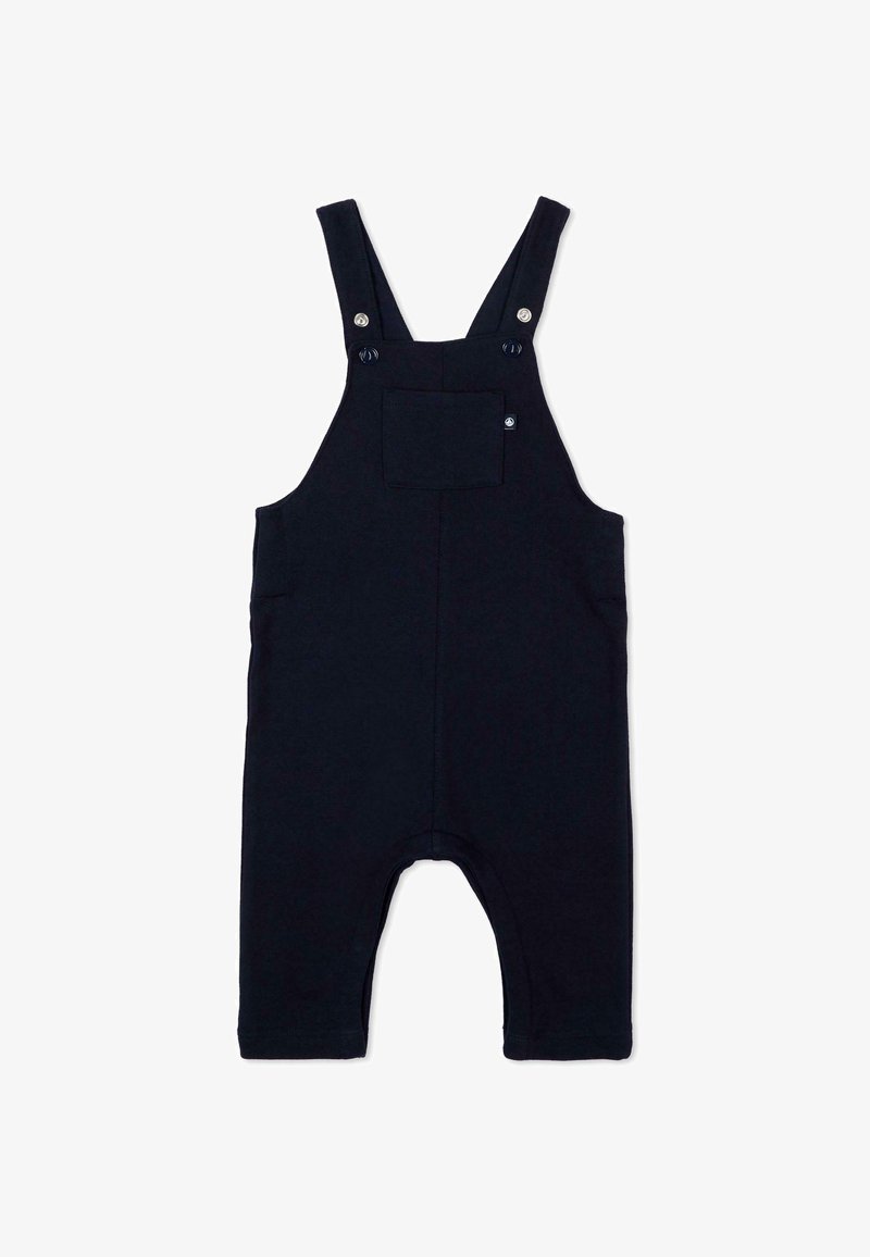 Salopette noire pour bébé avec bretelles réglables, poche poitrine avant et ouvertures pour les jambes, présentée sur fond blanc.