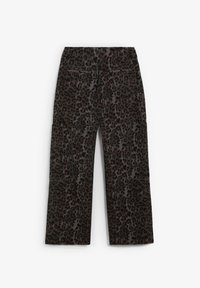 Leopard print cargo pants in dark gray and brown, featuring side pockets, a relaxed fit, and stitched detailing along the edges.