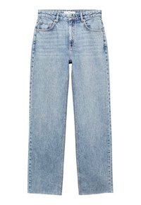 Jeans de mezclilla de tiro alto y pierna recta en azul claro, con bolsillos frontales, pasadores de cinturón y cierre de botón.