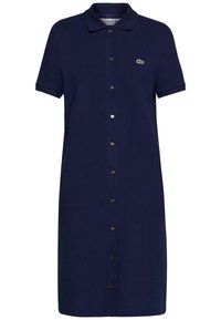 Robe polo bleu marine en coton, avec un devant boutonné, des manches courtes et un petit logo vert brodé sur la poitrine.