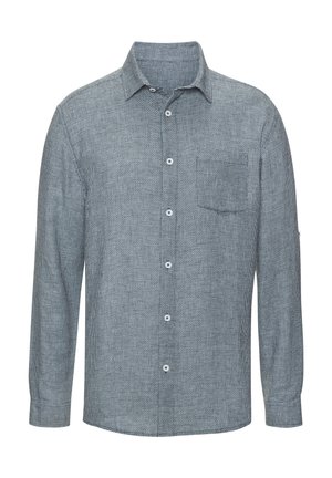 Long-sleeve grey button-up shirt with a textured pattern and a chest pocket on the left side, displayed on a white background.