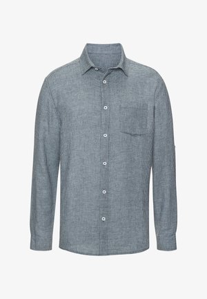 Langarm-Grishemd mit Knöpfen, texturiertem Muster und einer Brusttasche auf der linken Seite, dargestellt vor weißem Hintergrund.