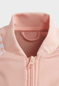 Vaaleanpunainen vetoketjullinen takin kaulus, jossa on resorikuvio ja sisällä ripustuslenkki, suljettu vetoketju sekä olkapäällä hillityt kangasraidat.