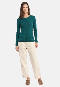 Cardigan a coste color teal con bottoni frontali, due tasche anteriori, maniche lunghe; abbinato a pantaloni crema a vestibilità ampia e scarpe con stampa leopardata.
