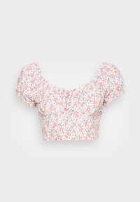 Květinový crop top v světlé růžové barvě s nafouknutými rukávy. Má nařasený výstřih a vzor drobných květin v růžové, zelené a bílé barvě.