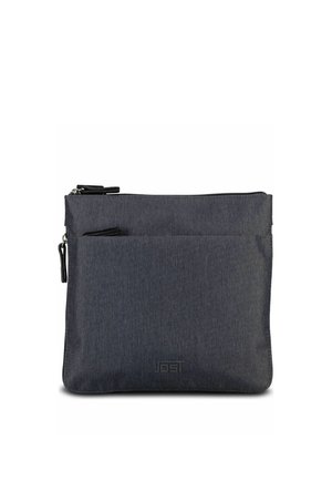Bustina compatta in tessuto grigio scuro con due scomparti con zip, forma rettangolare sottile e piccolo logo vicino al centro in basso.