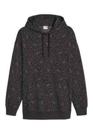 Czarna bluza z kapturem z ciemnoszarym wzorem paisley, przednia kieszeń kangurka, kaptur z troczkami oraz ściągacze na mankietach i u dołu.