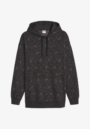 Sweat à capuche noir avec motif paisley gris foncé, poche kangourou avant, capuche avec cordon de serrage, poignets et bord côte à l'ourlet.