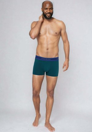 Männliche grüne Boxerbriefs mit einem dunkelblauen Bund, auf dem der Markenname steht. Der Stoff wirkt weich und hat eine glatte Textur.
