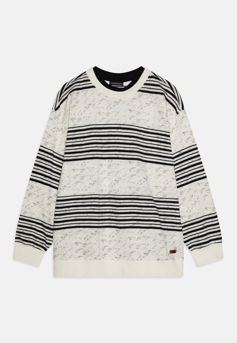 Krém színű pulóver fekete vízszintes csíkokkal, kerek nyakkal, textúrált mintával, valamint bordázott mandzsettákkal és aljjal. Kicsi címke díszítés az alján.