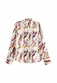 Chemise à manches longues boutonnée avec col pointu, base crème et motif tourbillonnant abstrait en rose, orange et marron.