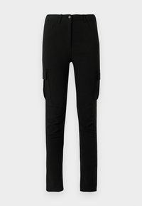 Zwarte cargobroek met een slim fit, voorzien van zijzakken, een knoopsluiting en een gladde, licht gestructureerde stof.