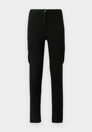 Black cargo pants with a slim fit, featuring side pockets, a button closure, and a smooth, slightly textured fabric.