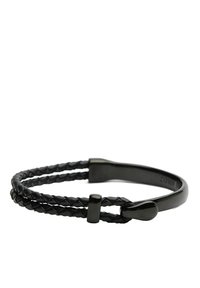 Svart läderarmband med två flätade trådar och en elegant metallspänne. Designen är minimalistisk med en slät finish.