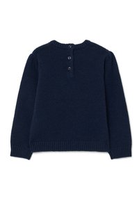 Maglione a maglia navy con maniche lunghe, polsini e orlo a costine, scollatura rotonda e patta con tre bottoni nella parte posteriore. Tessuto morbido.