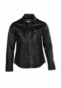 Fekete bőrdzseki gallérral, két mellzsebbel, gombos záródással és lekerekített szegéllyel. Simább textúra, enyhe fényű felülettel.