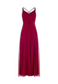 Langes rotes Kleid aus leichtem Stoff, mit einem überkreuzten Oberteil, dünnen Trägern und einem fließenden Rock, der bis zu den Knöcheln reicht.