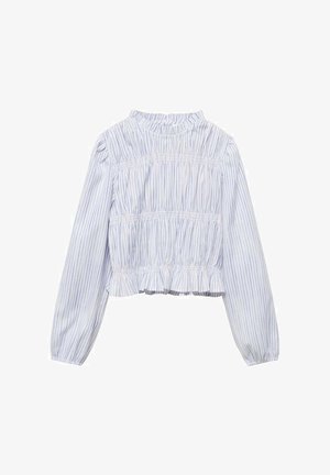 Blusa a maniche lunghe a righe blu chiaro e bianche con corpetto smock e orlo arricciato, vista da dietro.