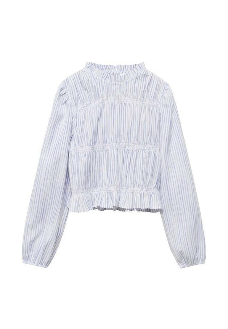 Blusa a maniche lunghe a righe blu chiaro e bianche con corpetto smock e orlo arricciato, vista da dietro.