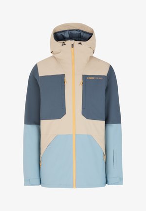 Kleurgebroken jack in beige, donkerblauw en lichtblauw. Heeft een ritssluiting, capuchon en twee voorzakken met gele accenten.