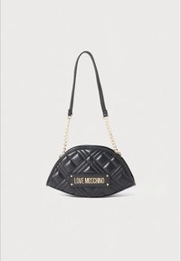 Black quilted half-moon handbag with gold chain and leather strap, featuring "LOVE MOSCHINO" plaque on front.