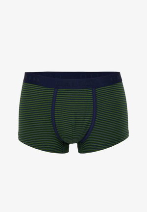 Boxer a righe in verde scuro e blu navy. Presentano una fascia in vita blu navy con marchio in rilievo. Tessuto morbido con una vestibilità aderente.