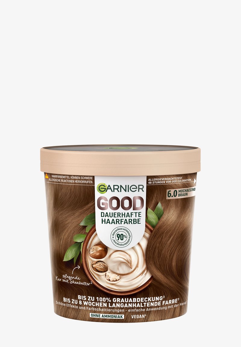 Farba do włosów Garnier, odcień brązowy mocha (6.0), w brązowym okrągłym pojemniku z teksturowanym wzorem i zielonymi akcentami. Wegetariańska i bez amoniaku.