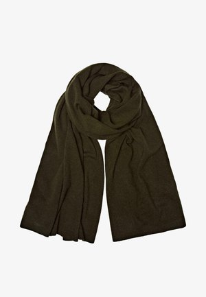 Tmavě olivově zelený šál vyrobený z měkkého materiálu, s dlouhým, splývavým designem a žebrovanými konci, hladkým povrchem.