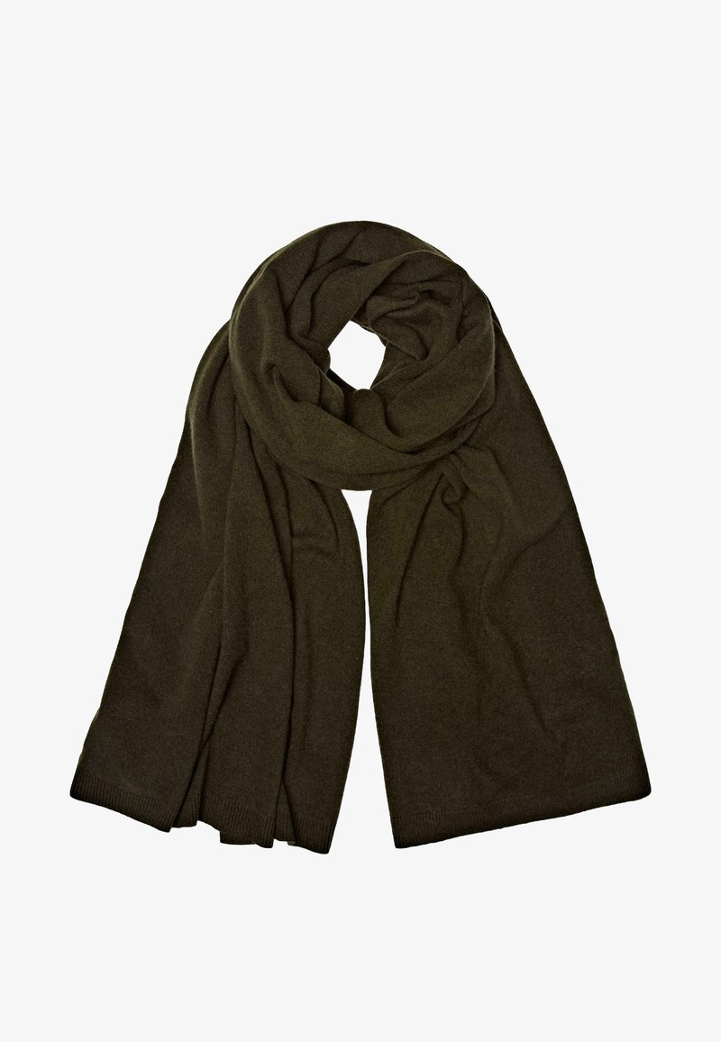 Mørkeoliven grøn tørklæde lavet af blødt materiale, med et langt, draperet design og ribbede ender samt en glat tekstur.