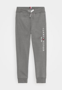 Graue Jogginghose mit elastischem Bund und Bündchen, weißem Kordelzug und vertikalem Tommy Hilfiger-Logo am linken Bein.