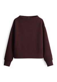 Donker kastanjebruin crewneck sweatshirt met lange mouwen en geribbelde boorden, weergegeven op een witte achtergrond.