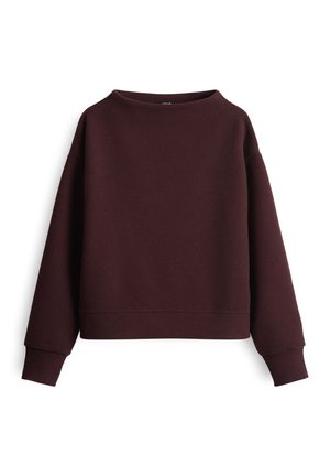Dark maroon crew neck sweatshirt with long sleeves and ribbed cuffs, displayed on a white background.