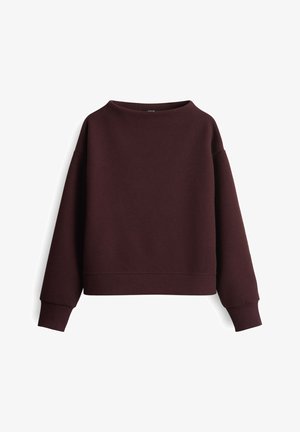 Sweatshirt à col rond couleur bordeaux foncé avec des manches longues et des poignets côtelés, présenté sur un fond blanc.