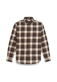 Camisa de cuadros marrón y beige hecha de tela tejida, con cuello de botón, mangas largas y dobladillo recto con botones en la parte delantera.