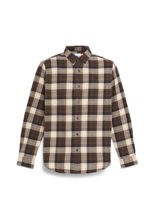 Bruin en beige geblokt overhemd van geweven stof, met een knoopsluiting kraag, lange mouwen en een rechte zoom met knopen aan de voorkant.