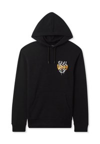 Czarna bluza z kapturem z miękkiego materiału, z przednią kieszenią, regulowanym kapturem na sznurku oraz grafiką „czuj się szczęśliwy” w białym i pomarańczowym kolorze.