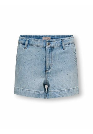 Vaaleansiniset farkkushortsit, joissa pieniä koristeellisia strasseja, etunappi, vyölenkit ja sivutaskut.