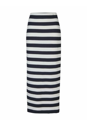 Gonna a matita con righe orizzontali bianche e nere, vita alta e orlo all'altezza del ginocchio.